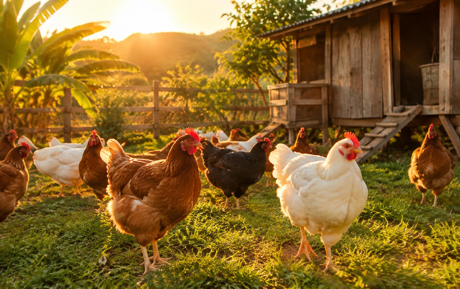 Galinhas soltas no quintal ao pôr do sol